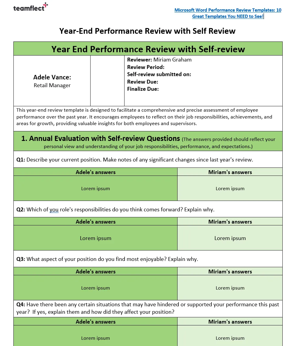 Year-end performance review template with Self-review section