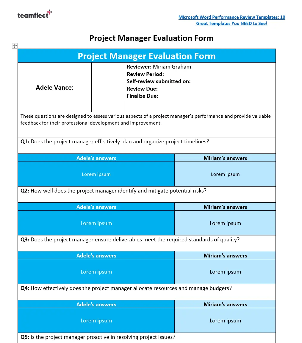 Project manager performance evaluation template in Word format