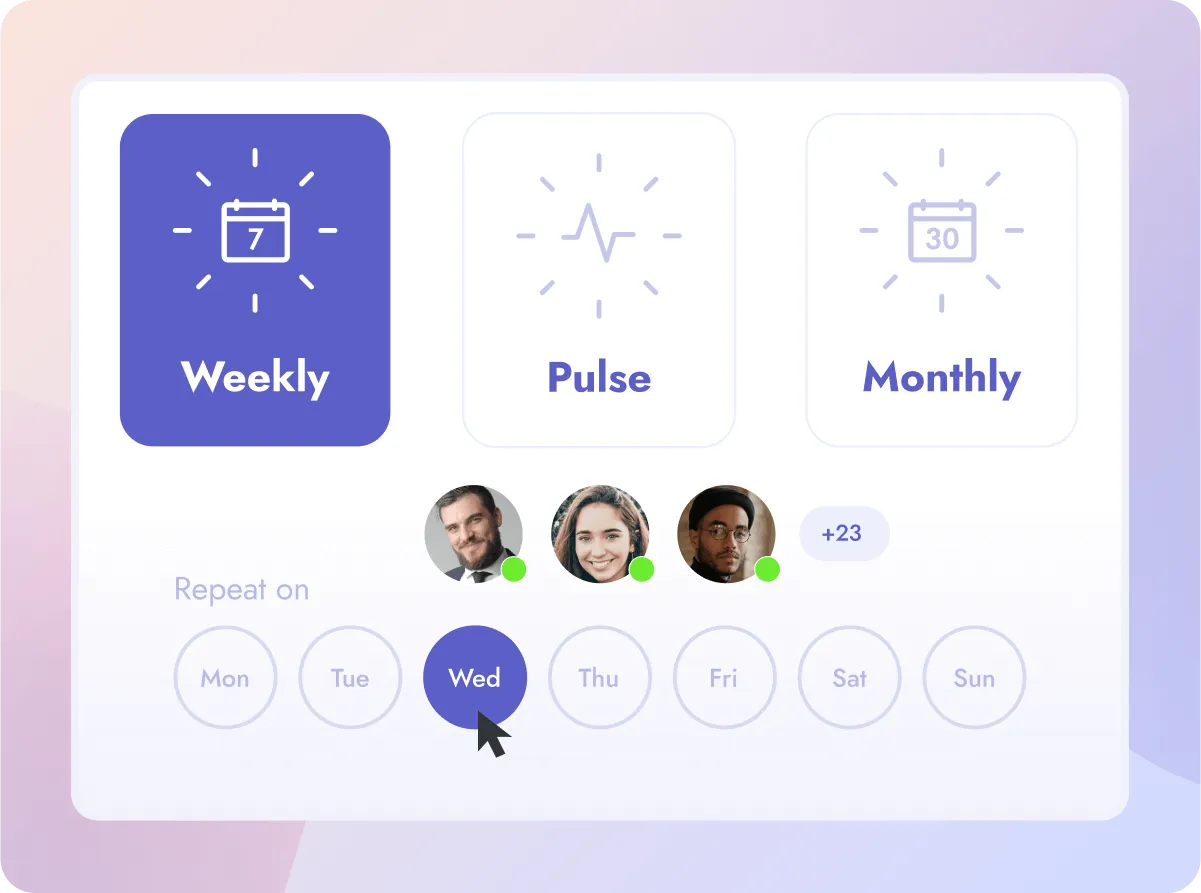 Teamflect's survey automation interface showing options for Weekly, Pulse, and Monthly survey options for team members.