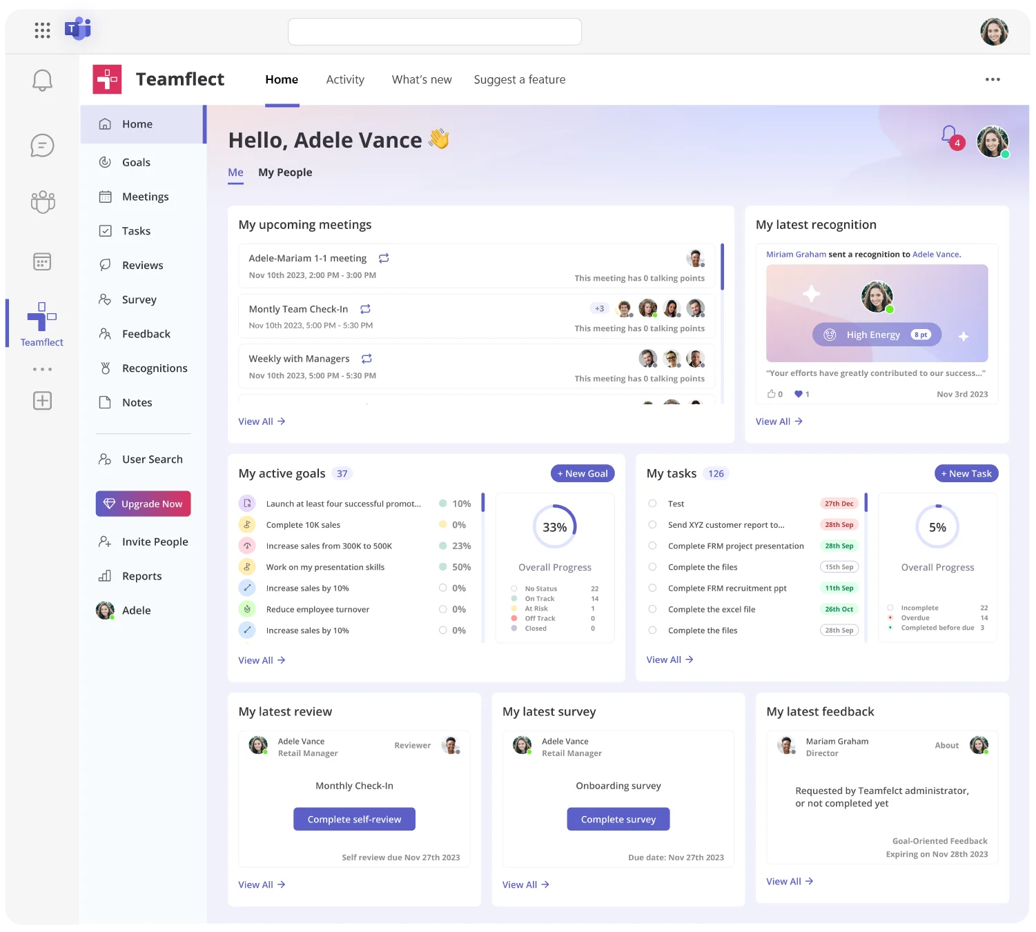 Teamflect main dashboard view in Microsoft Teams