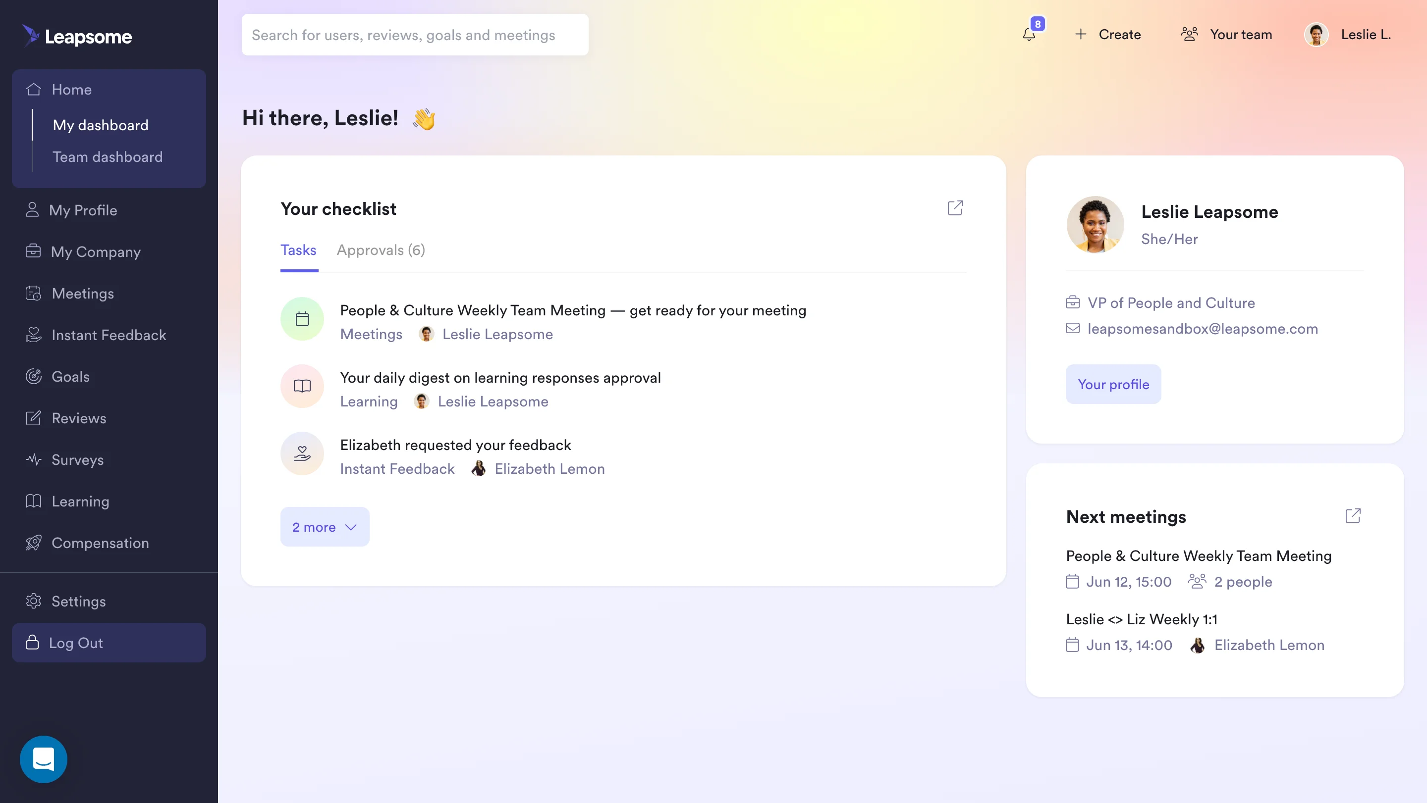 Leapsome main dashboard
