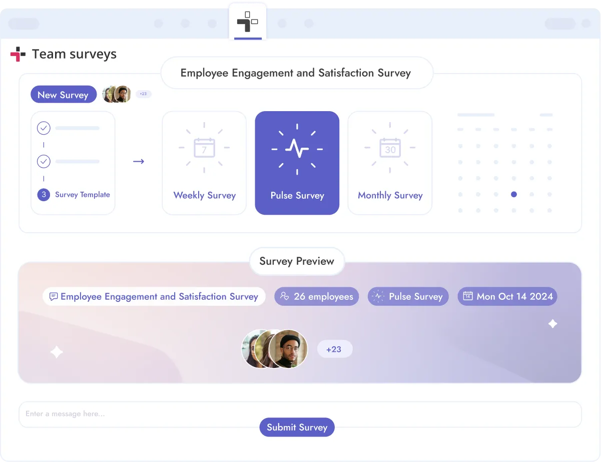 A survey dashboard with weekly surveys, monthly surveys, and pulse surveys.