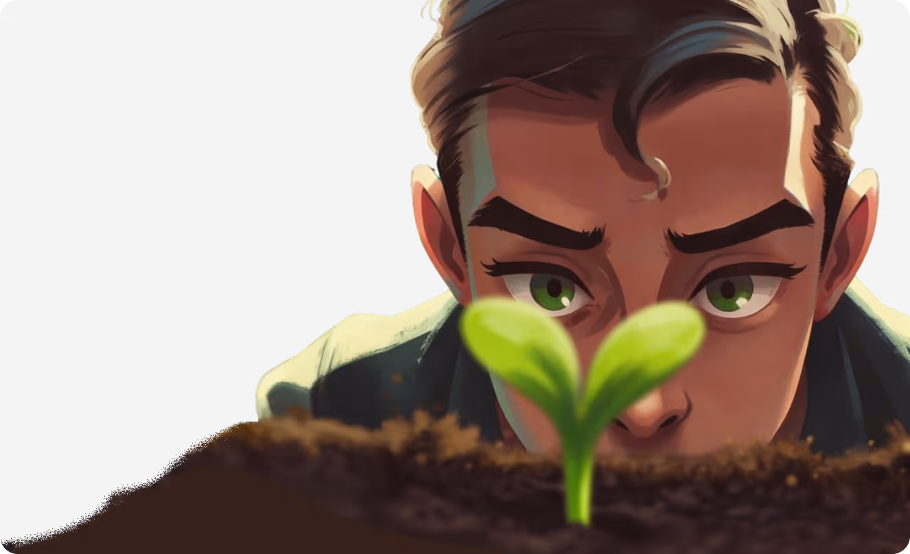 Illustration of a person intently observing a small green seedling growing in soil.