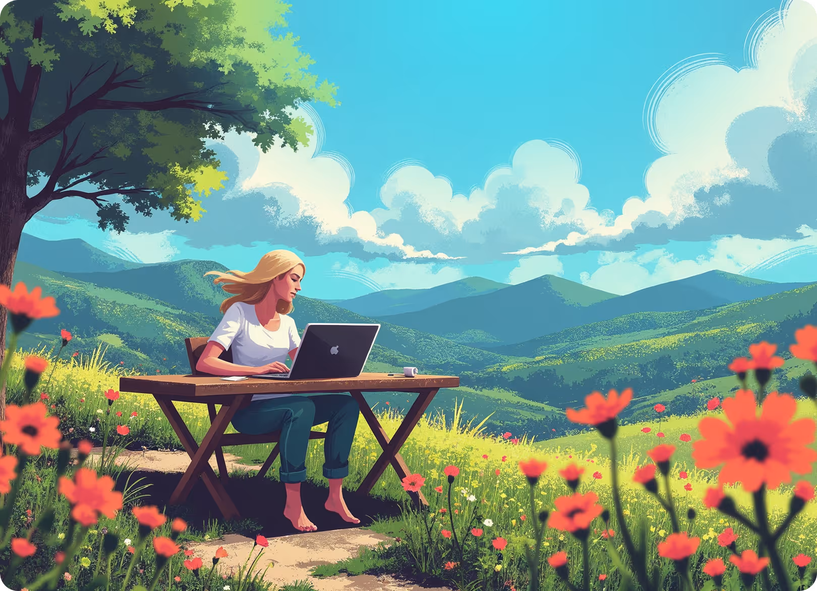 Woman working on a laptop outdoors at a wooden table in a vibrant green meadow with colorful flowers and mountains under a blue sky with fluffy clouds.