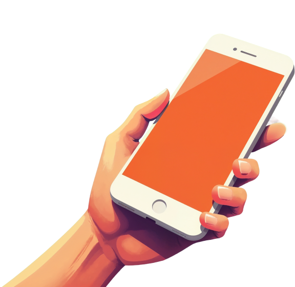 A hand holding a white smartphone with an orange blank screen.