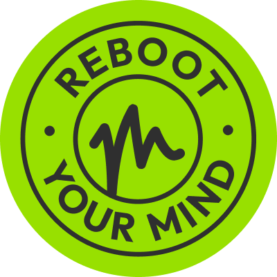 Green circular badge with black text 'REBOOT YOUR MIND' surrounding a stylized black 'M' in the center.