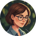 Illustration of a woman with short brown hair, glasses, and a blue shirt against a blurred green background.