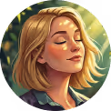 Illustration of a blonde woman with closed eyes and a serene expression, surrounded by soft light and greenery.