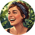 Portrait of a smiling woman with brown hair tied with a blue headband, against a leafy green background.