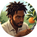 Man with dreadlocks holding a magnifying glass near an orange tree in a garden.