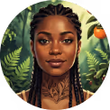 Portrait of a woman with braided hair, geometric face tattoos, and orange fruit on a leafy green background.