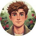 Illustration of a young man with brown curly hair, green eyes, and a neutral expression, set against a background of greenery and roses.