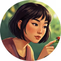 Illustration of a young woman with short black hair holding a paintbrush, surrounded by a blurred green background.