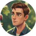 Digital portrait of a young man with brown hair and green jacket against a leafy background.