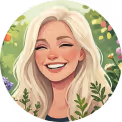 Illustration of a smiling blonde woman with closed eyes surrounded by greenery and colorful flowers.