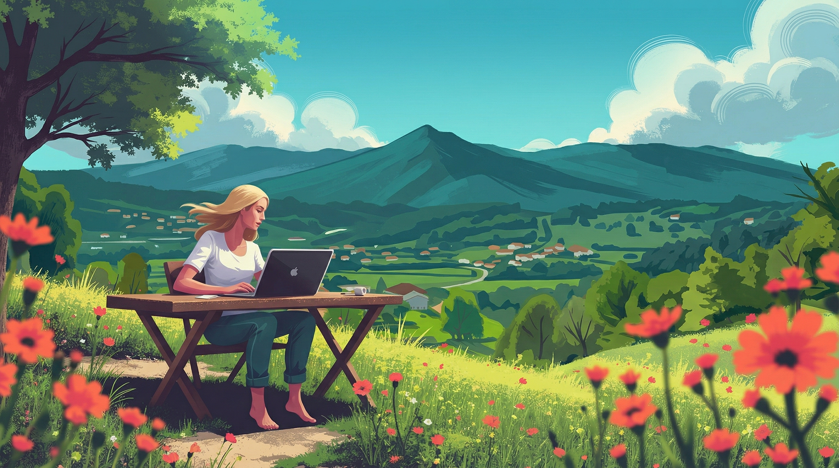 Woman with blonde hair sitting barefoot at a wooden table outdoors using a laptop in a vibrant field of flowers with mountains in the background.