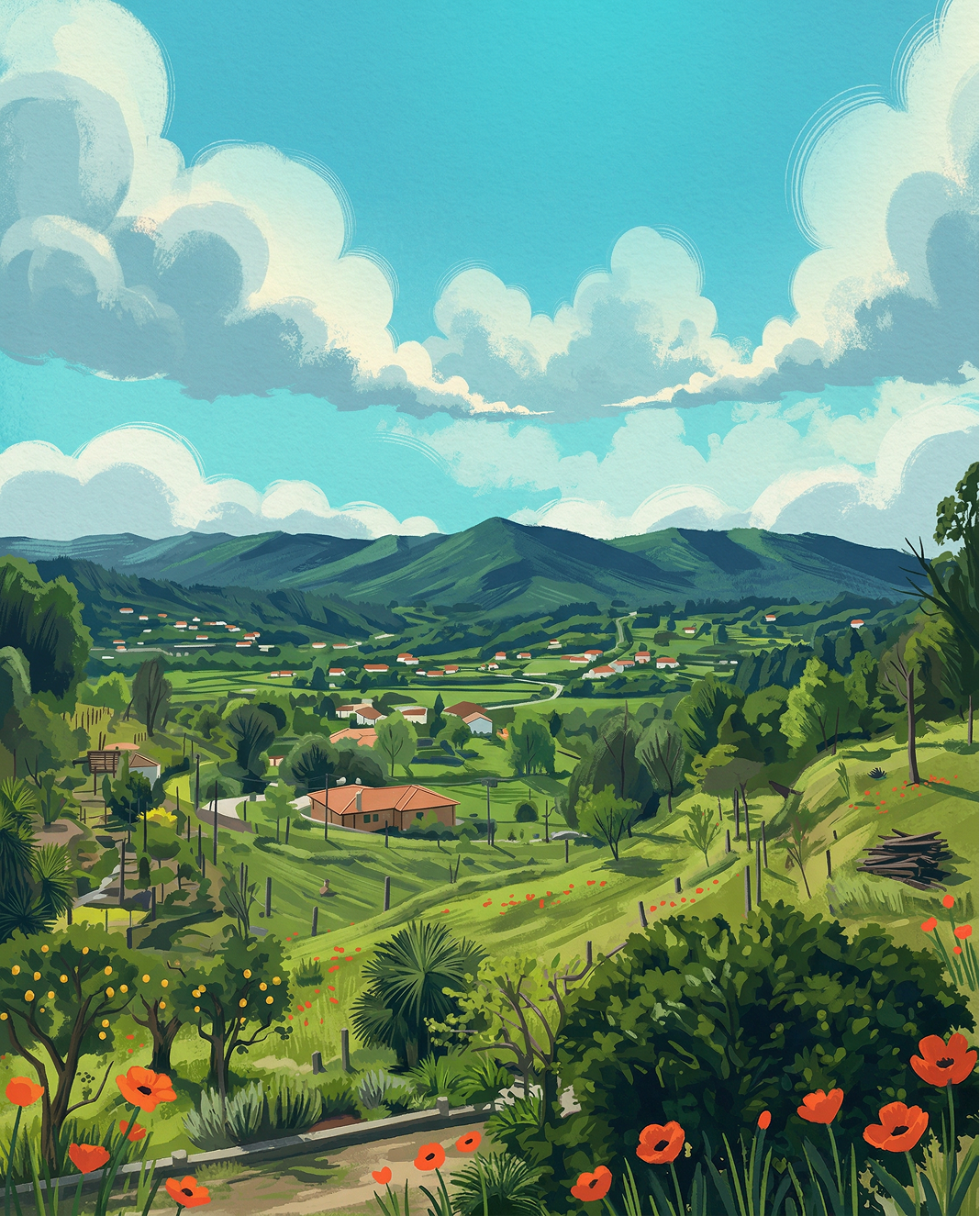 Illustrated countryside landscape with green hills, scattered houses with red roofs, orange flowers in the foreground, and a partly cloudy blue sky.