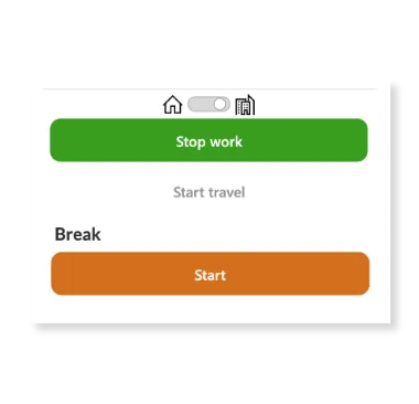 Benutzeroberfläche mit grünem Button 'Arbeit stoppen', grauem Text 'Reise starten' und orangem Button 'Pause Starten'.
