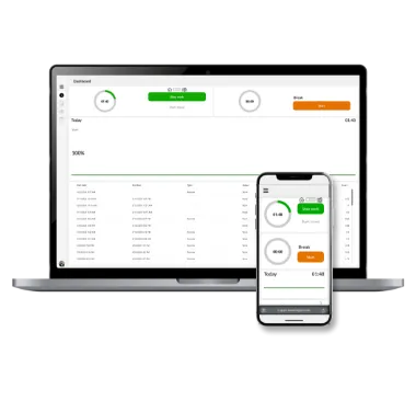 Dashboard mit Zeitmanagement- und Pausentimer-Anzeige auf Laptop- und Smartphonebildschirmen.