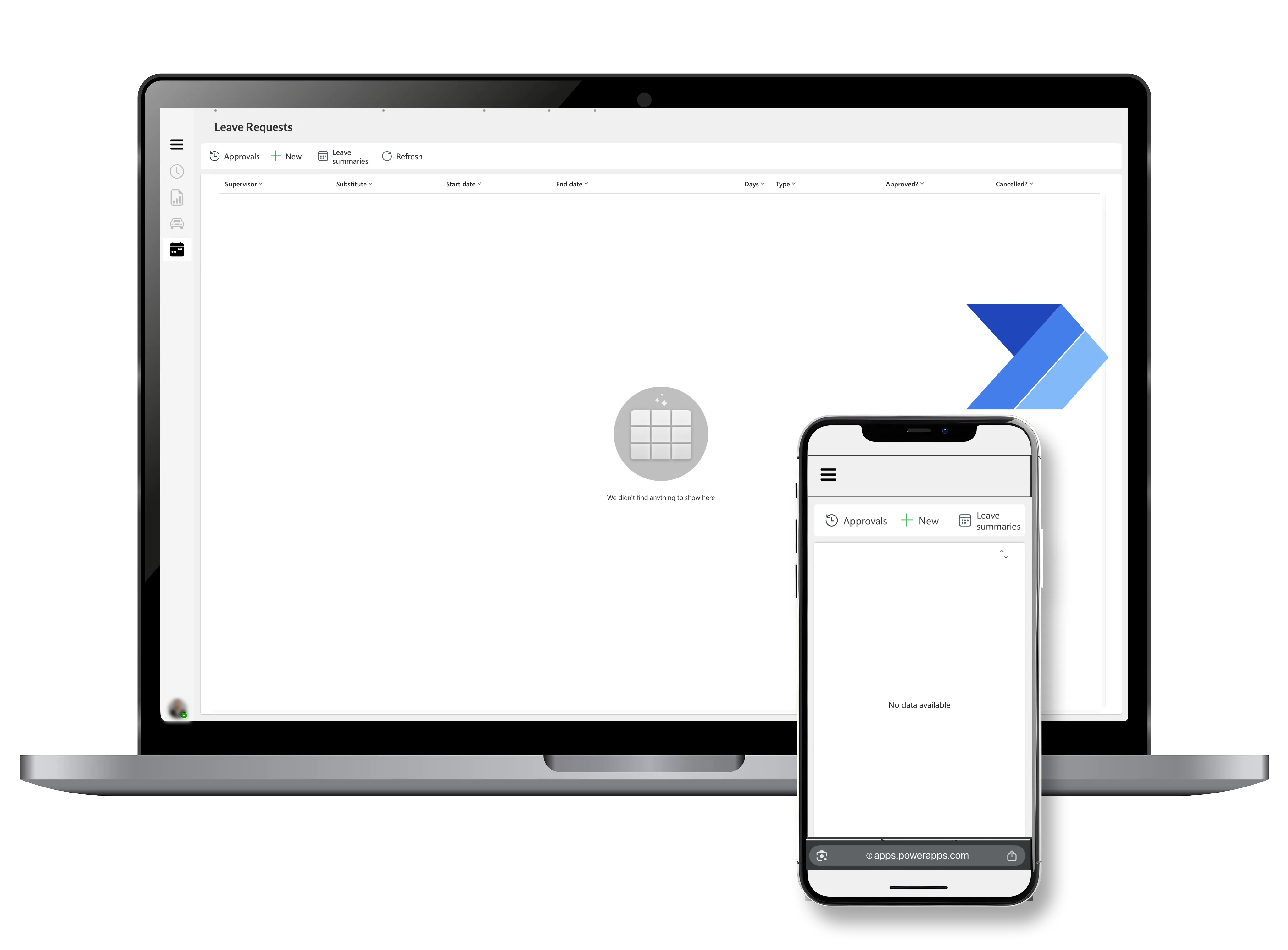 Laptop und Smartphone zeigen eine Leave Requests-App mit leeren Listen.