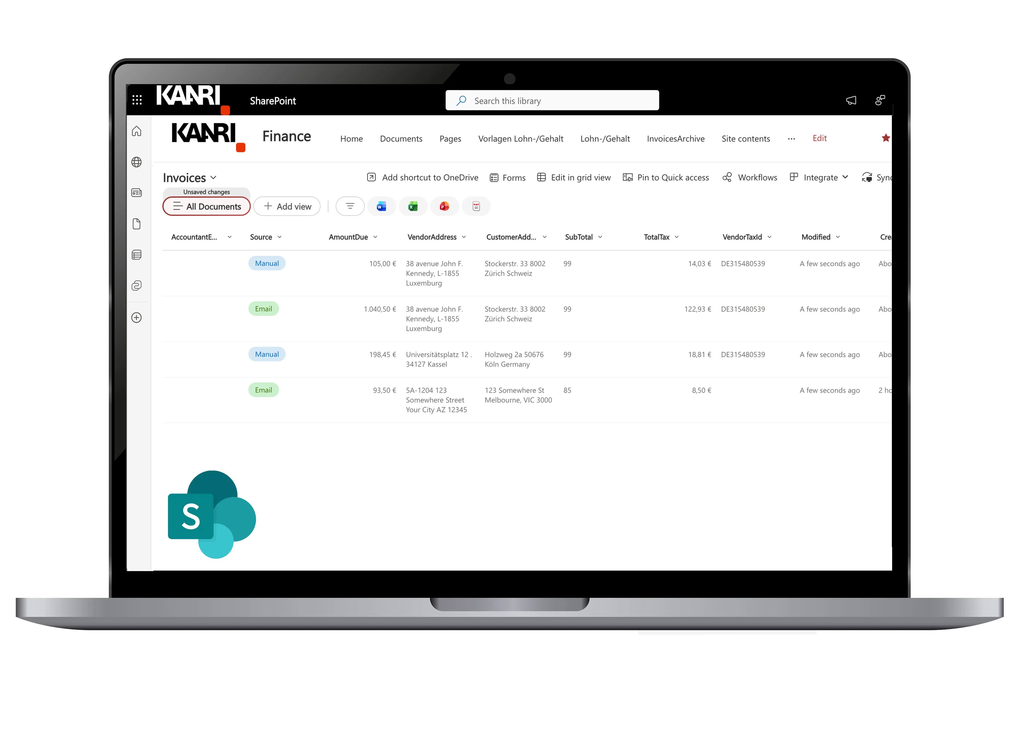 Laptop-Bildschirm zeigt ein SharePoint-Dokumentenmanagement-System zur Verwaltung von Rechnungen.
