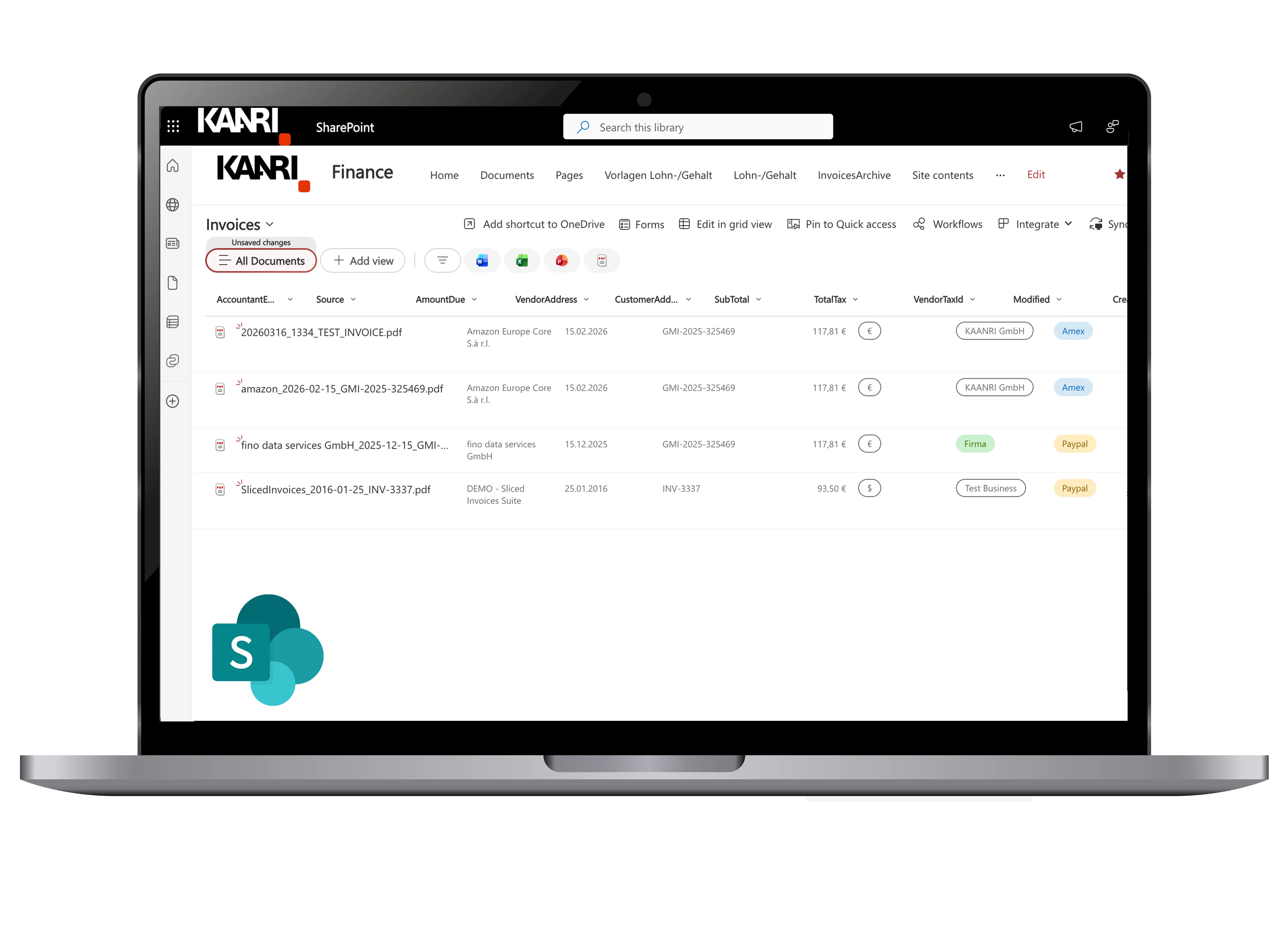 Laptop-Bildschirm zeigt SharePoint-Seite mit Finance Rechnungsübersicht und Dokumentendetails.