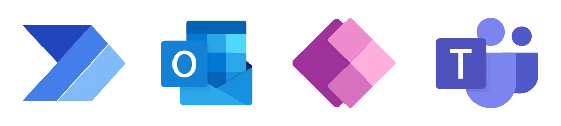 Symbole der Microsoft-Apps Power Automate, Outlook, Power Apps und Teams.