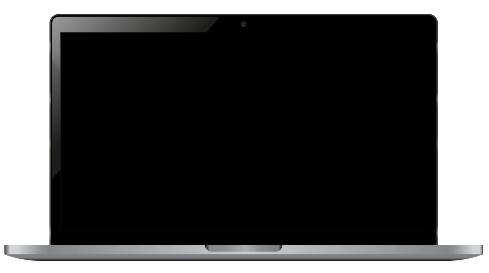 Offener Laptop mit leerem schwarzen Bildschirm auf weißem Hintergrund.