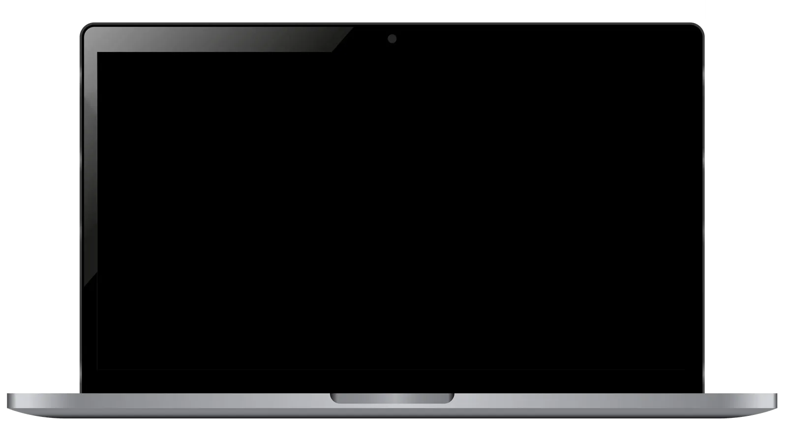 Offener Laptop mit leerem schwarzen Bildschirm auf weißem Hintergrund.