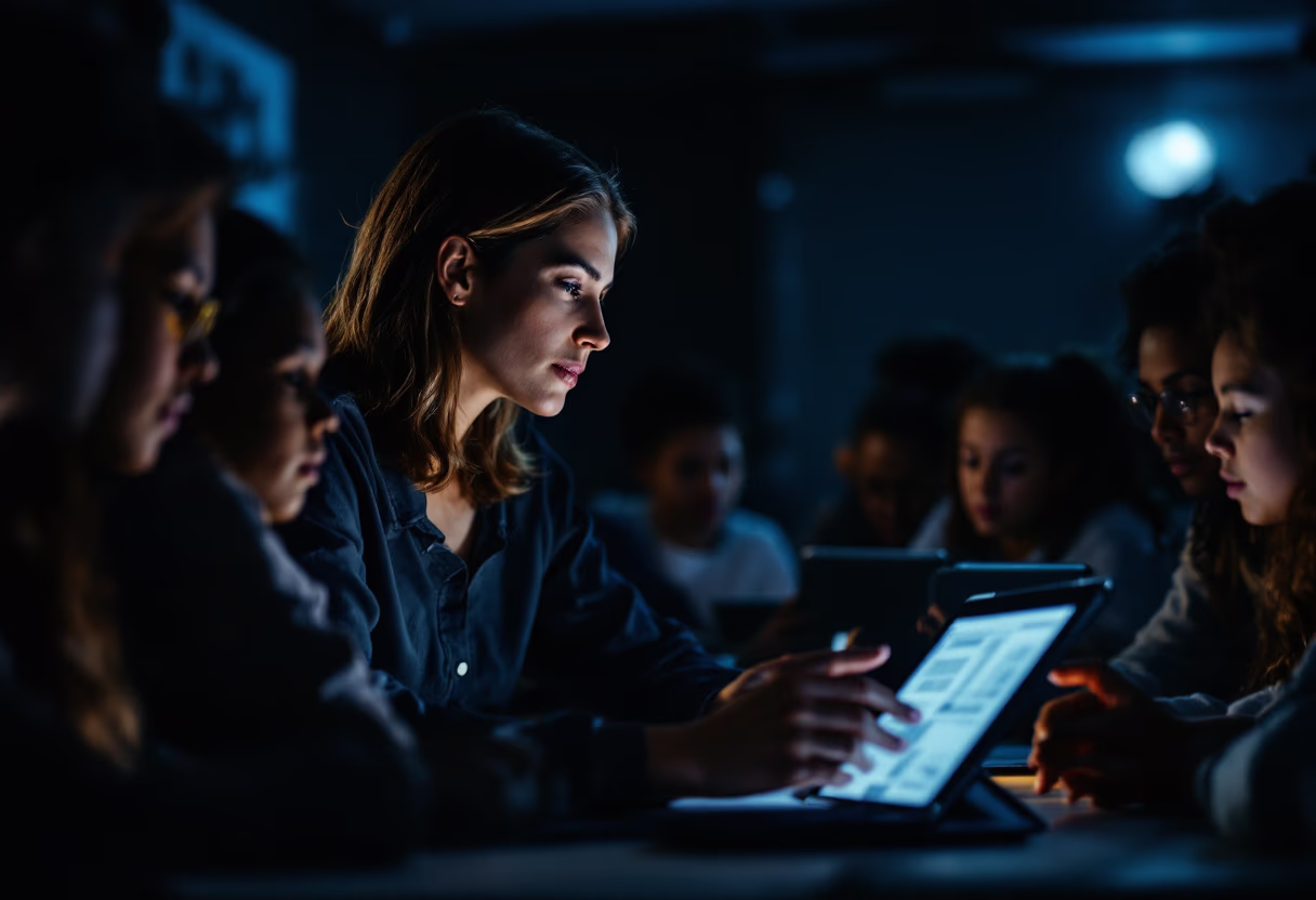 image of a teacher interacting with students using digital tools (for an edtech)