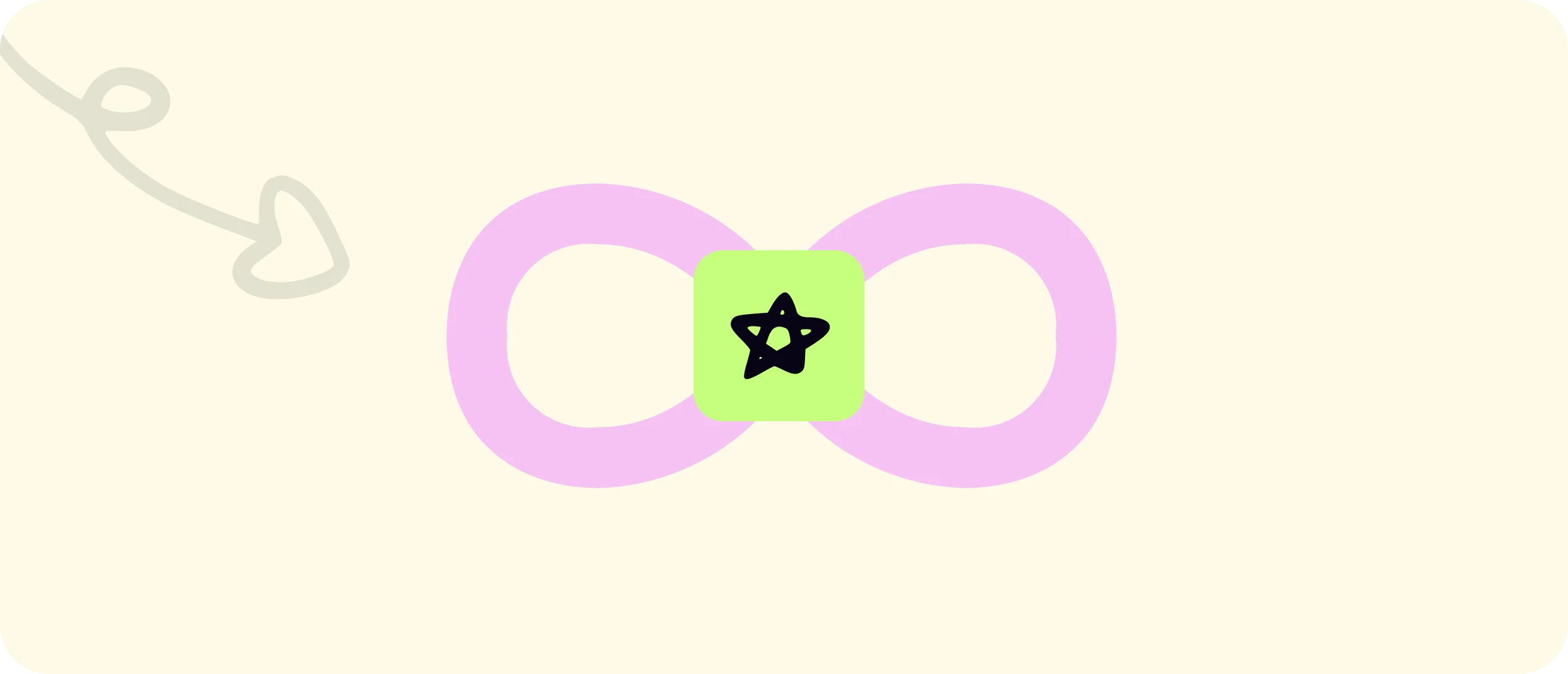 Decorative illustration featuring an infinity symbol, a star icon, and a curved arrow.