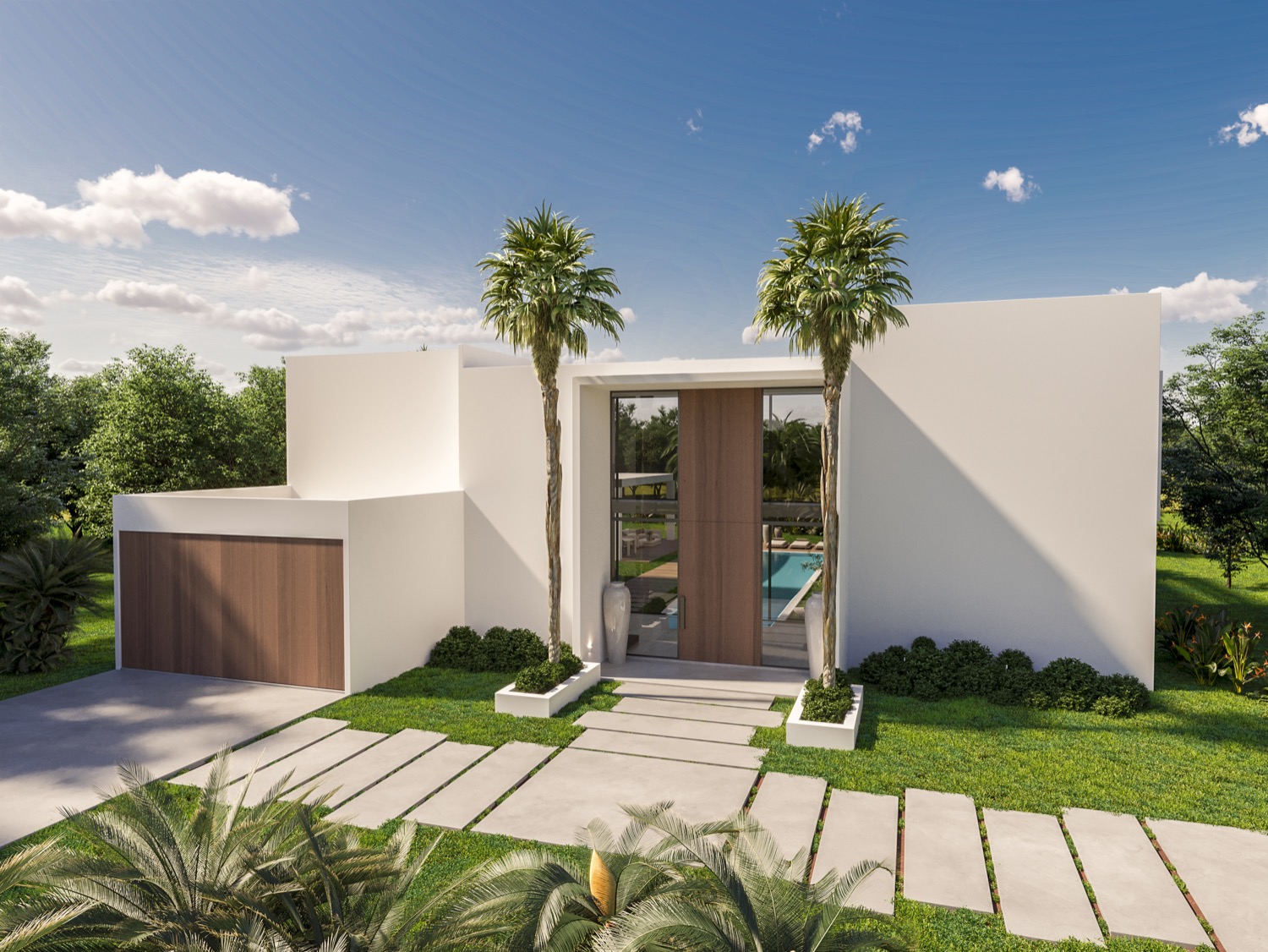 Modern two-story house with large glass windows, a curved swimming pool, wooden deck, and outdoor seating area under a pergola, surrounded by green lawn and plants, designed by Arq. Roberto Carli in Tulum, Mexico