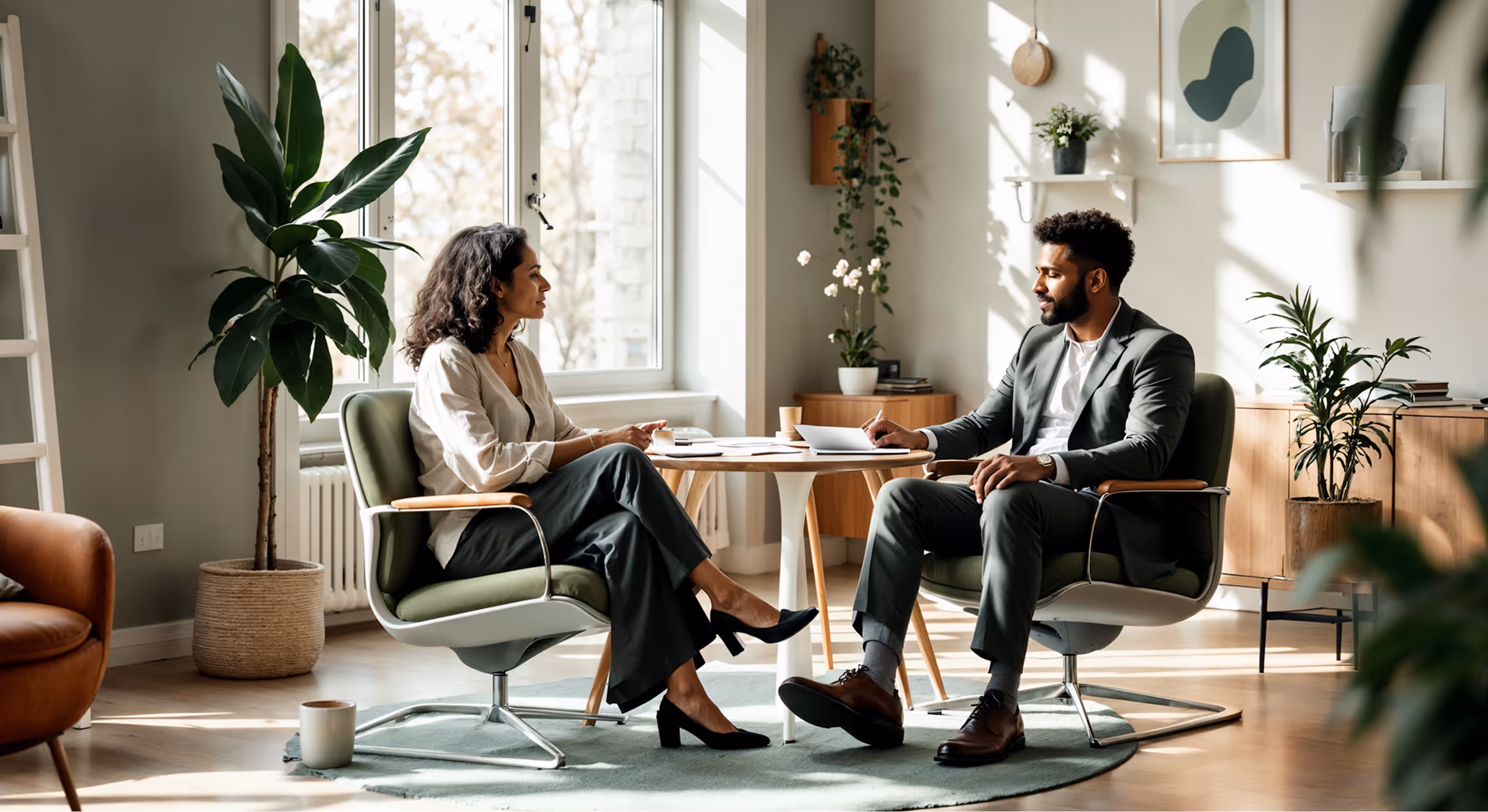 Two professionals sitting in an office having a discussion across a round table with papers and a coffee cup.