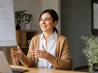 Smiling woman in a brown cardigan and white shirt gesturing while seated at a desk in an office.