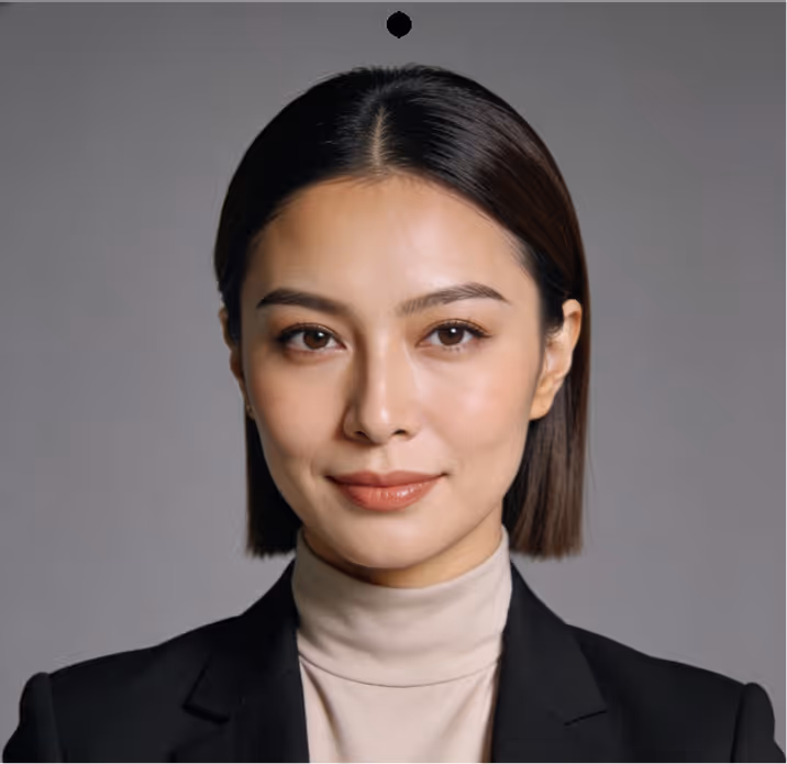 Portrait of a confident woman with straight dark hair wearing a black blazer and beige turtleneck against a gray background.