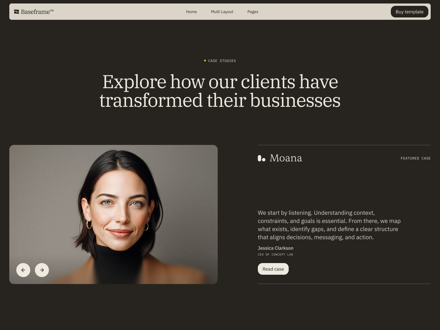 Smiling woman with short dark hair and gold hoop earrings wearing a black turtleneck and brown jacket in a business case study layout.