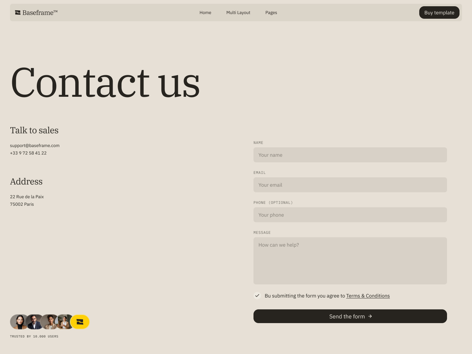 Contact us page with sales email support@baseframe.com, phone number +33 9 72 58 41 22, Paris address, and a form for name, email, phone, and message submission.