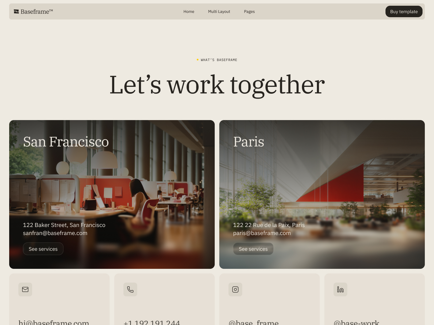 Website contact section showing office locations in San Francisco with people working and Paris featuring a modern interior, plus contact email, phone, and social media icons.