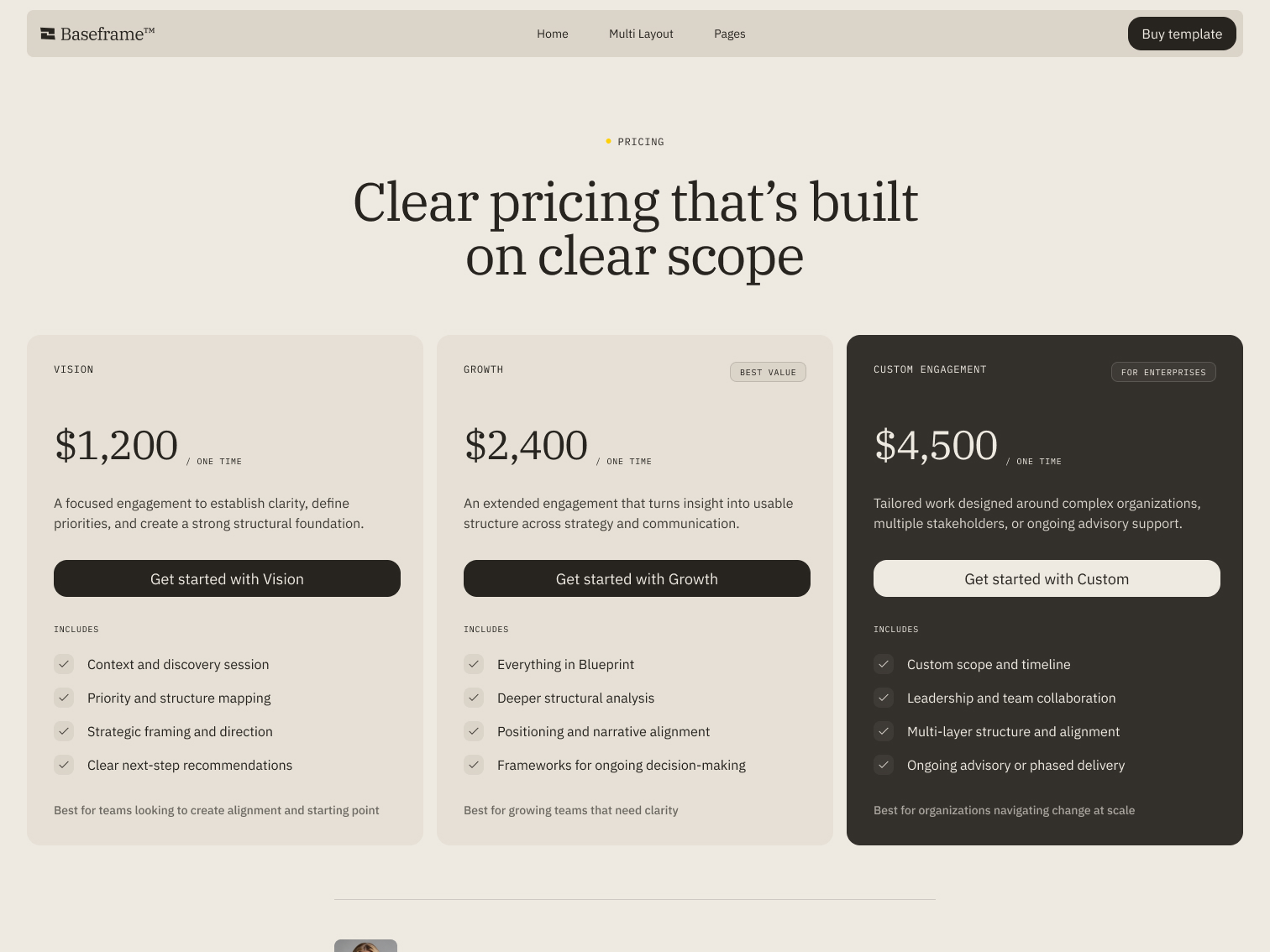 Pricing plans for Vision at $1,200, Growth at $2,400, and Custom Engagement at $4,500, each with descriptions and features.