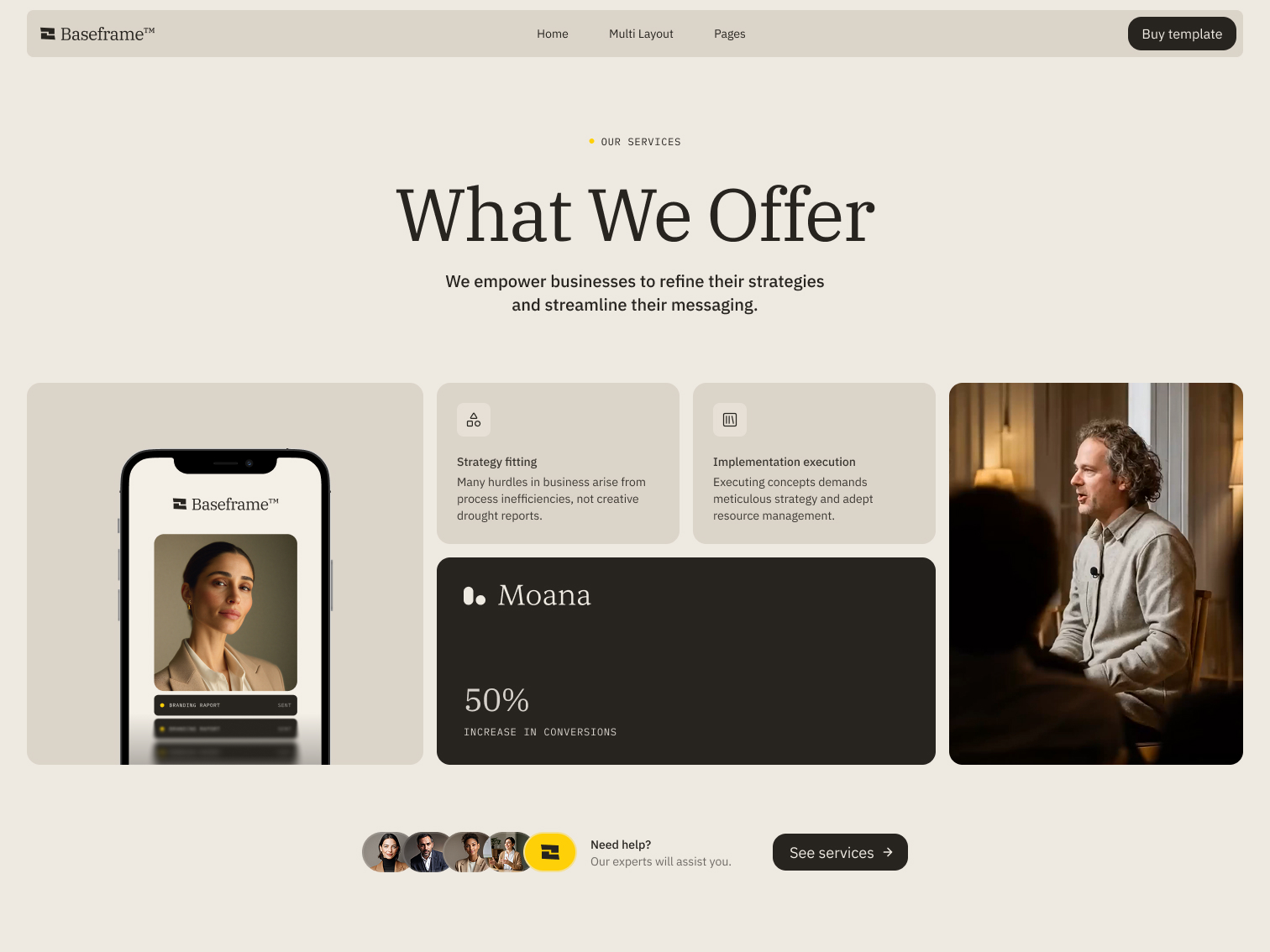 Website section titled 'What We Offer' with business strategy text, photo of a woman on a smartphone screen, a percentage increase graphic, and a man speaking in a meeting.