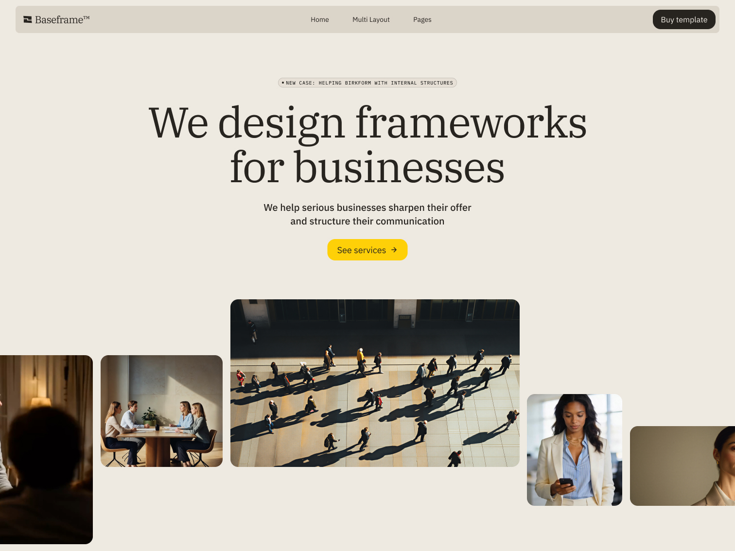 Website homepage of Baseframe with headline about designing business frameworks and images of people in meetings, walking outdoors, and using a phone.