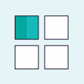 Four squares arranged in a 2x2 grid with the top-left square filled teal and shaded on the left half, and the other three squares empty white.