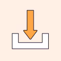 Orange download arrow pointing into a white open box on a light background.