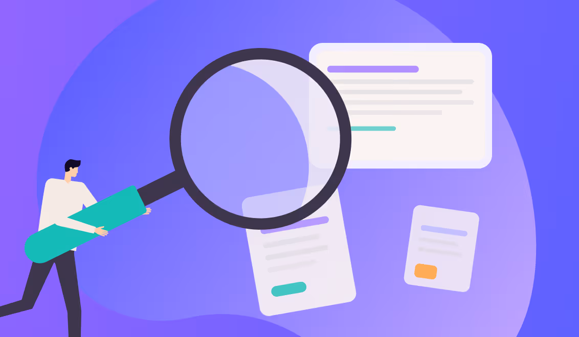 Illustration of a person holding a large magnifying glass over floating documents with text lines.