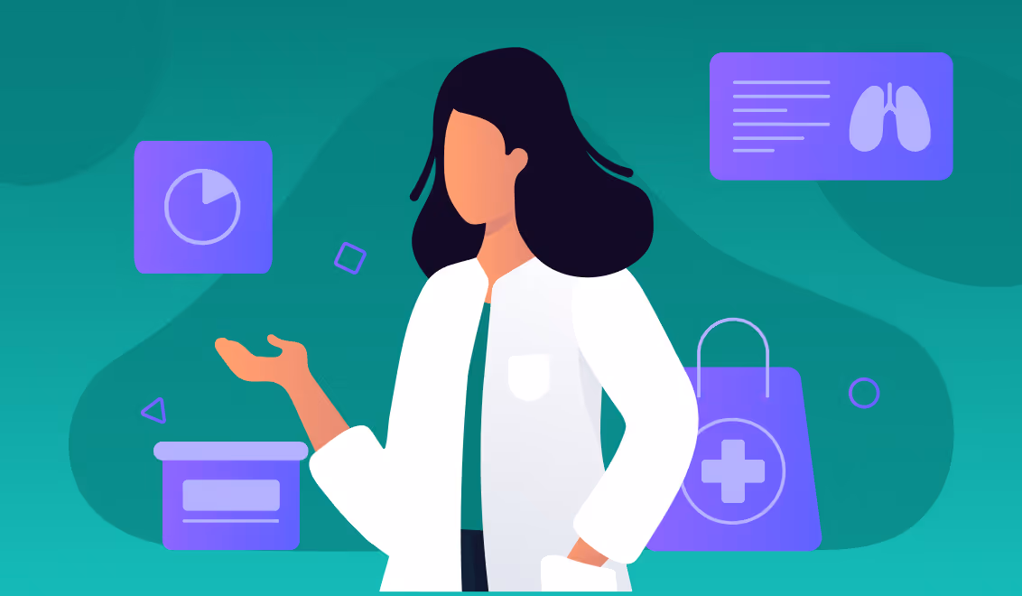 Illustration of a female medical professional in a white coat with health-related icons such as a pie chart, lungs, medicine bottle, and a medical bag around her.
