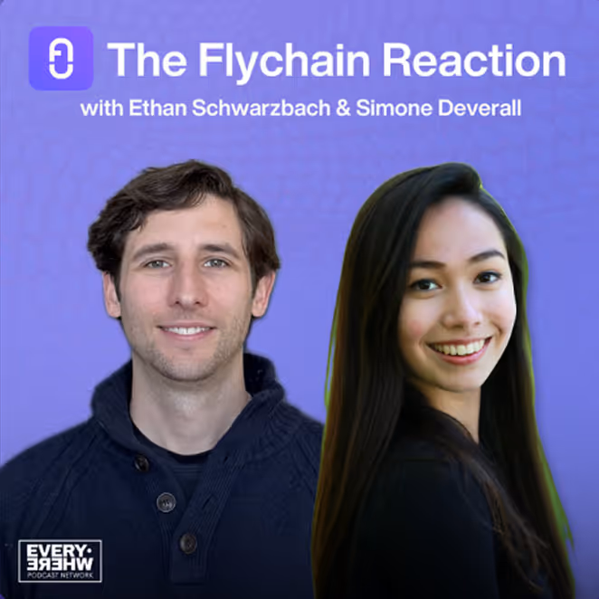 Promotional image for The Flychain Reaction podcast featuring hosts Ethan Schwarzbach and Simone Deverall smiling against a purple background.