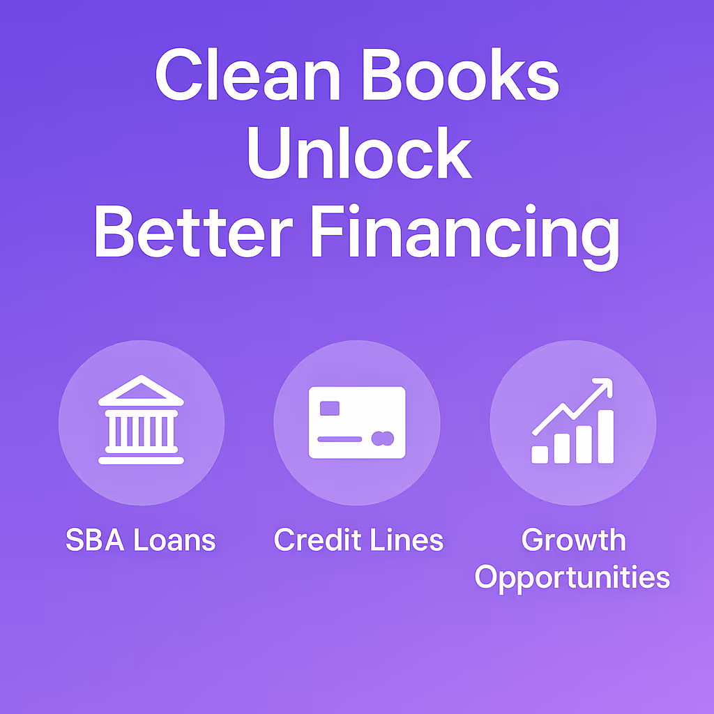 Graphic with headline “Clean Books = Better Financing,” arrows pointing to SBA loans, credit lines, and growth opportunities, highlighting the importance of healthcare finance accounting.