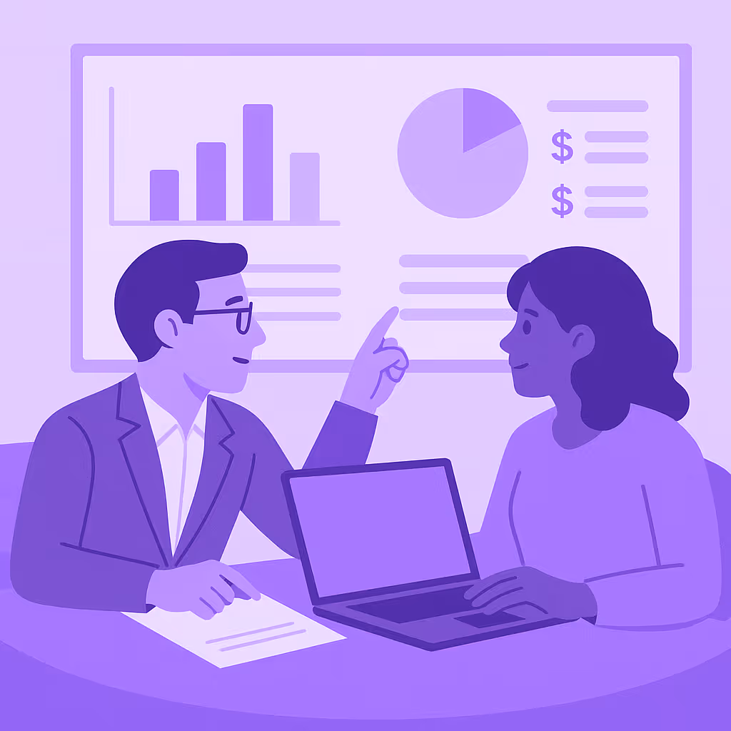 A financial advisor and an ABA clinic owner reviewing financial dashboards together in a Flychain-inspired purple palette, illustrating how ABA clinic efficiency tools connect operational accuracy with financial clarity.