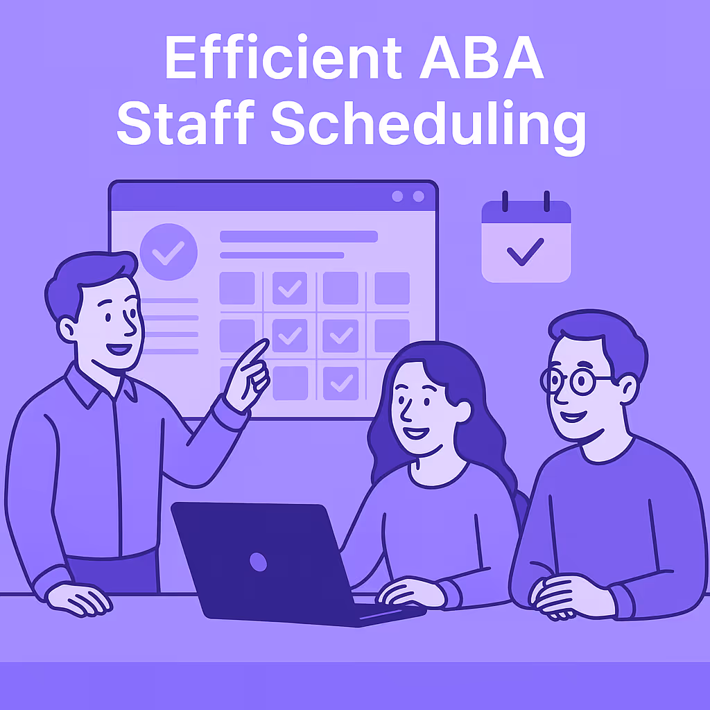 ABA clinic team reviewing scheduling workflows together on a digital screen, illustrating efficient ABA staff scheduling in a Flychain-inspired purple color palette.