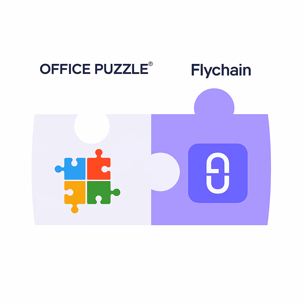 Logos of Flychain and Office Puzzle displayed side by side, highlighting that the partnership of these two ABA tools help ABA practices operate more efficiently and sustainably.
